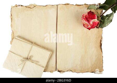 Old paper, letters and rose isolated on white Stock Photo