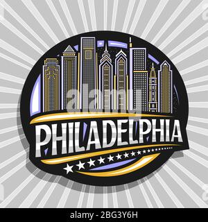 Vector logo for Philadelphia, black decorative circle badge with line illustration of modern philadelphia city scape on sky background, tourist fridge Stock Vector