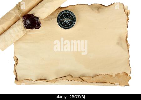 Old paper, scrolls and compass isolated on white Stock Photo