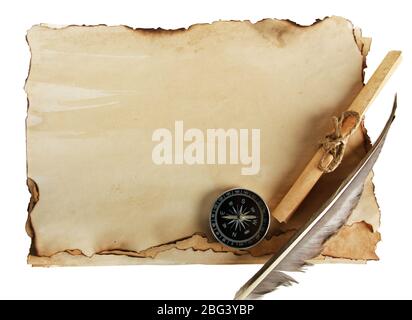Old paper, scrolls and compass isolated on white Stock Photo