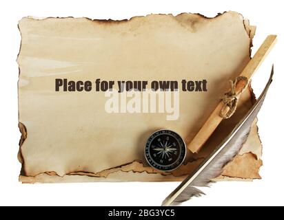 Old paper, scrolls and compass isolated on white Stock Photo