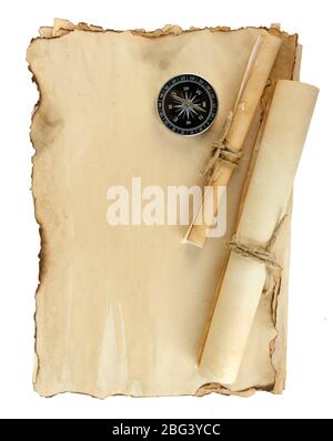 Old paper, scrolls and compass isolated on white Stock Photo