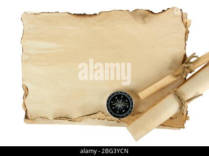 Old paper, scrolls and compass isolated on white Stock Photo