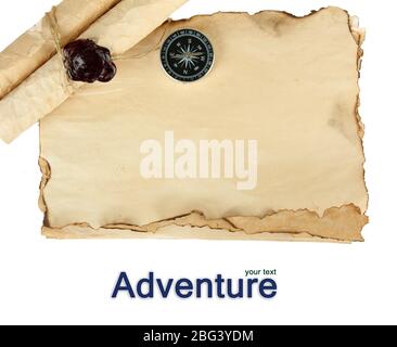 Old paper, scrolls and compass isolated on white Stock Photo