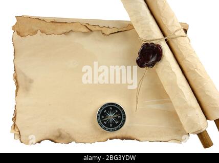 Old paper, scrolls and compass isolated on white Stock Photo