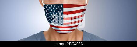 USA american flag print on face mask protective PPE doctor panoramic banner. Stock Photo