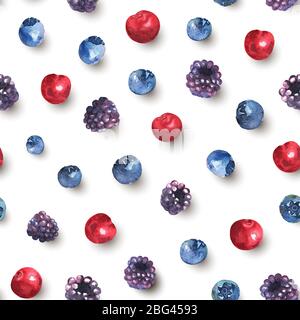 Berries seamless pattern in watercolor with shadow. Colorful background with isolated blackberries, cherries and blueberries. Natural illustration. Co Stock Photo