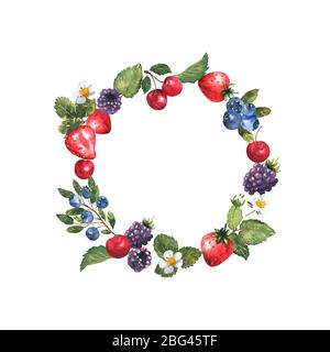 Berries wreath in watercolor. Frame with strawberries, blackberries, cherries and blueberries. Natural illustration. Spring blossom. Stock Photo