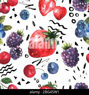 Berries seamless pattern in watercolor with black graphics. Colorful background with strawberries, blackberries, cherries,  blueberries. Natural illus Stock Photo