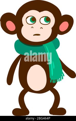 Monkey with green scarf, illustration, vector on white background Stock Vector