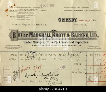 Old invoice from Marshall, Knott and Barker, timber importers, of Grimsby, dated 24 July 1926. Stock Photo