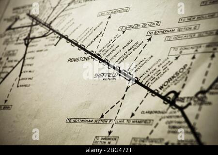 Vintage rail network map covering Worksop to Sheffield and Manchester via the Woodhead route. Stock Photo