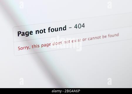 Close up detail of a computer screen stating page not found error 404 Stock Photo