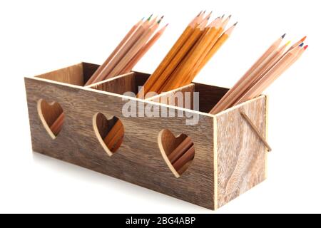 Different pencils in wooden crate, isolated on white Stock Photo
