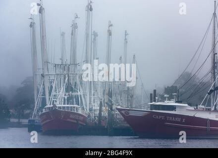 Shrimp boats are docked on a foggy day Feb. 8, 2017, in Bayou La Batre, Alabama. Stock Photo