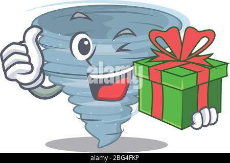 Smiling tornado cartoon character having a green gift box Stock Vector