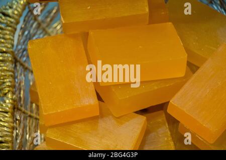 Collection of bars of fragrant hand made organic soap Stock Photo