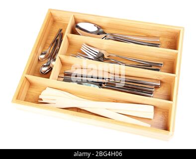 Wooden cutlery box with checked cutlery isolated on white Stock Photo