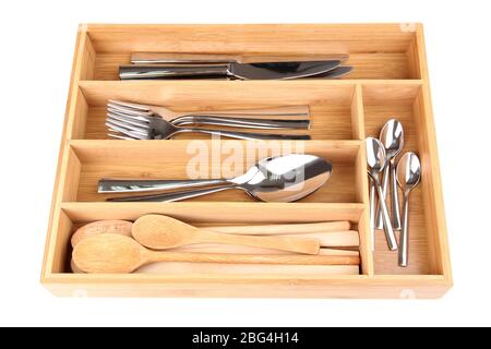 Wooden cutlery box with checked cutlery isolated on white Stock Photo