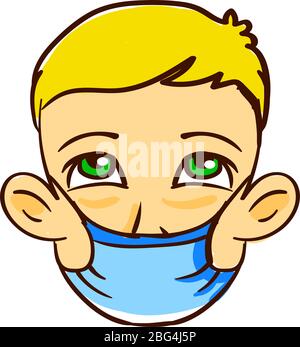Boy with medical mask, illustration, vector on white background Stock Vector