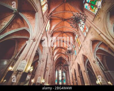 Roof structure of Sacred Heart Cathedral in Guangzhou China, the Stone House. Gothic Revival Roman Catholic cathedral .The construction of the cathedr Stock Photo