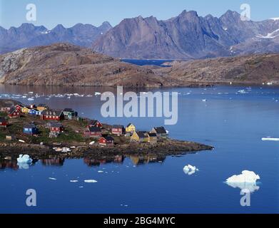 the arctic village of Kulusuk on a calm summer day Stock Photo