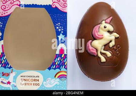Thorntons milk chocolate Unicorn Easter Egg removed from box set on white background ready for Easter Stock Photo