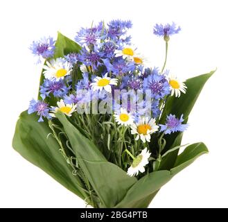 Beautiful bouquet of cornflowers and chamomiles ,isolated on white Stock Photo