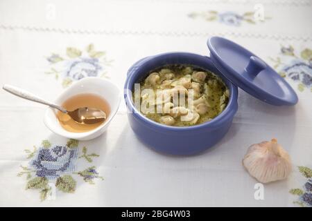 Chuchpara, kind of dumpling, which is popular in Central Asia, Kyrgyz, Azerbaijan cuisine, Traditional assorted dishes, Top view. Traditional Stock Photo