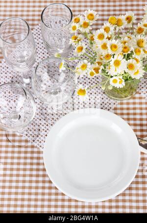 Table setting with chamomiles on checkered tablecloth Stock Photo