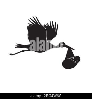 Stork carrying a child on a white isolated background. Vector image Stock Vector
