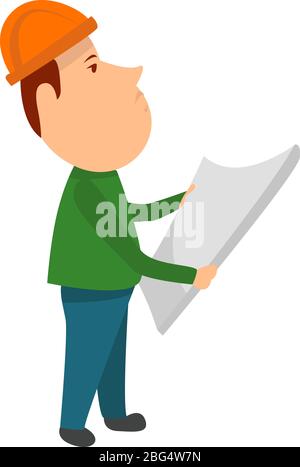 Architect with plans, illustration, vector on white background Stock Vector