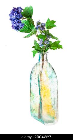 artificial hydrangea flowers in hand painted glass flask isolated on white background