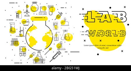 Vector or illustration of concept science and laboratory with outline icon design. Lab equipment around the earth-shaped flask. Stock Vector