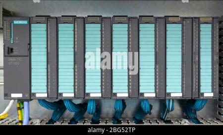 PLC System Control Panel Under Processing.The PLC Computer,PLC programable logic controler for control device Stock Photo