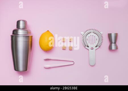 Set of bar accessories for cocktail making. Stock Photo