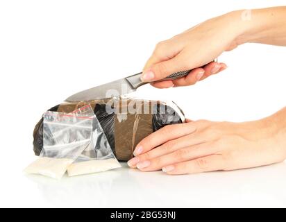 Packages of narcotics in hand isolated on white Stock Photo