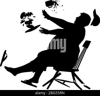 Editable vector silhouette of a wooden chair collapsing as a large man sits on it to eat a burger Stock Vector