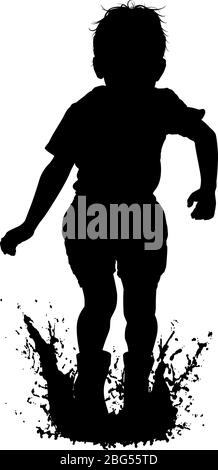 Editable vector silhouette of a young boy jumping in a puddle with boy and water as separate objects Stock Vector