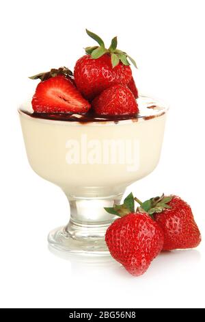 Delicious strawberry dessert in glass vase isolated on white Stock Photo
