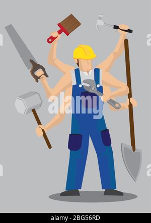 Vector illustration of a cartoon construction worker character in blue overall and yellow helmet with multiple arms holding a variety of work tools. Stock Vector