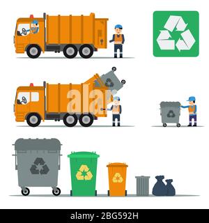 Garbage set of trucks workers and garbage bins Stock Vector