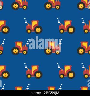 Tractor kids pattern. Seamless vector background tractors on blue.  Stock Vector
