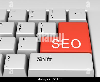 Word SEO written on a computer keyboard. Conceptual image on a computer key Enter. 3d rendering Stock Photo