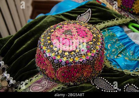 Tradional Azerbaijani souveniers hats and knitted clothing sold . They would wear a rider under the headgear hat, stroke . Araxchin is a national hood Stock Photo