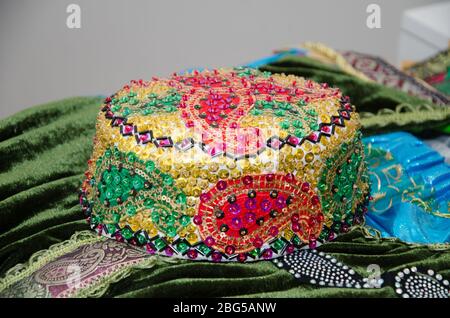 Tradional Azerbaijani souveniers hats and knitted clothing sold . They would wear a rider under the headgear hat, stroke . Araxchin is a national hood Stock Photo