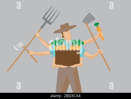 Vector illustration of busy farmer cartoon character with multiple arms holding different work tools isolated on plain grey background. Stock Vector