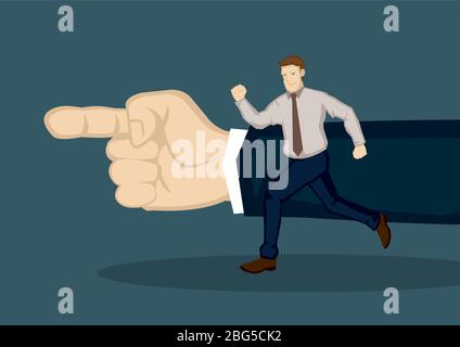 Cartoon businessman running towards the direction pointed by giant hand. Creative vector illustration on concept for following guidance to the right d Stock Vector