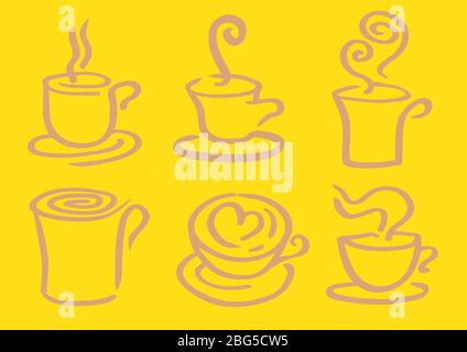 Vector illustration of hot coffee and tea in cups and mugs. Stylized design isolated on yellow background Stock Vector