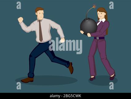 Business woman carrying a huge bomb and businessman running away from her. Cartoon vector illustration on concept of avoiding troubles and dangers in Stock Vector